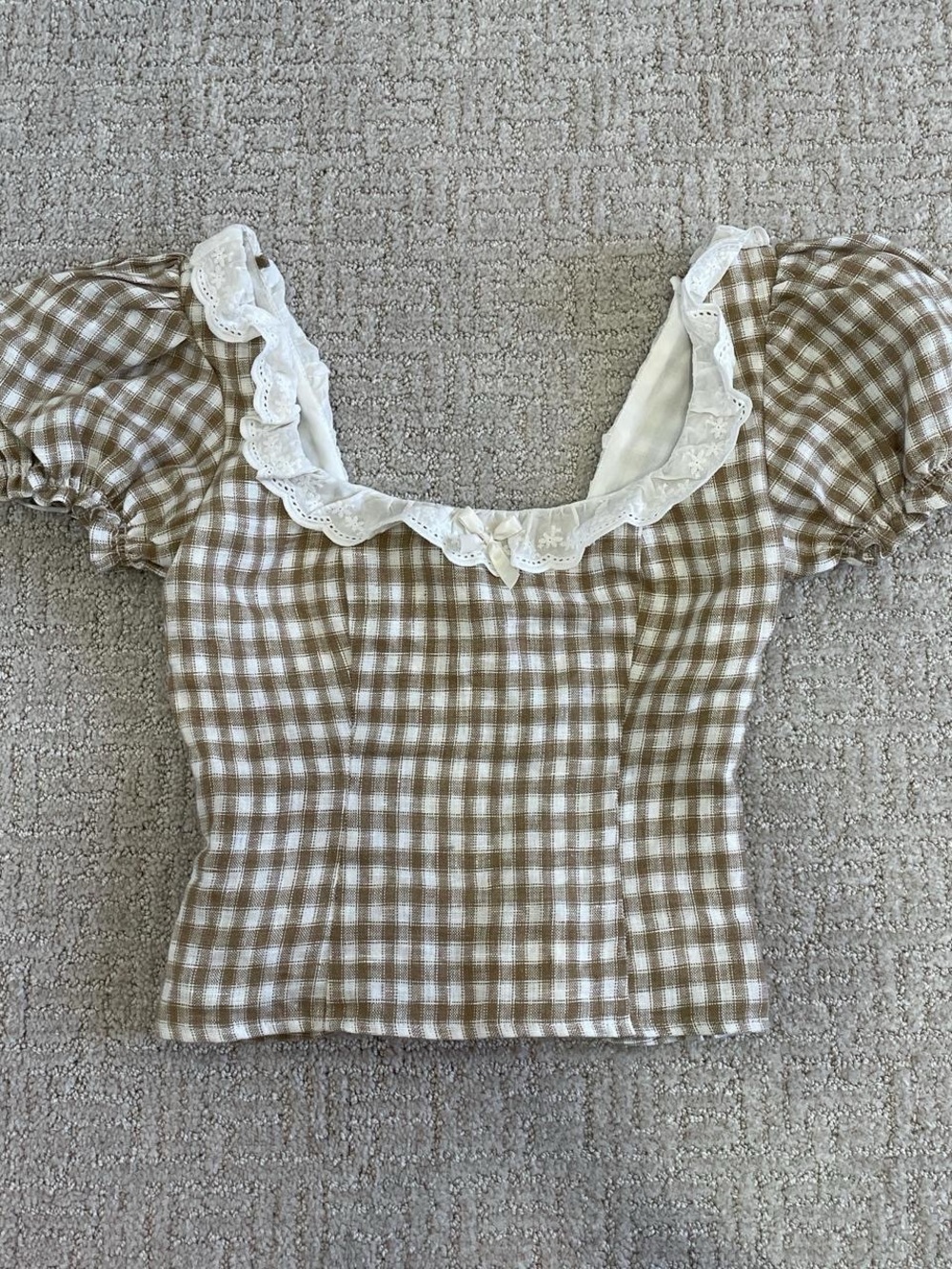 Plaid Puff-Sleeve Square Neck Linen Top